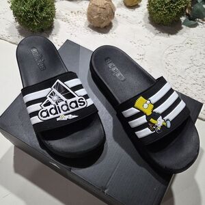Adidas Kids Black and White Slide Sandals with Cartoon Design